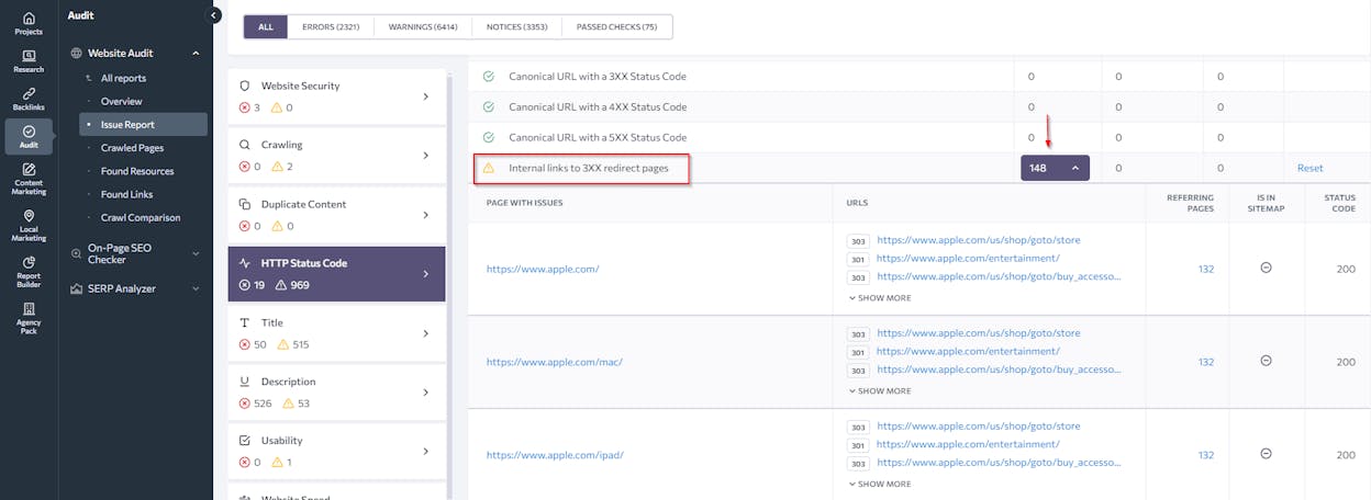 [Screenshot: Site audit tool filtered to show pages with 302 redirects and meta refresh redirects]