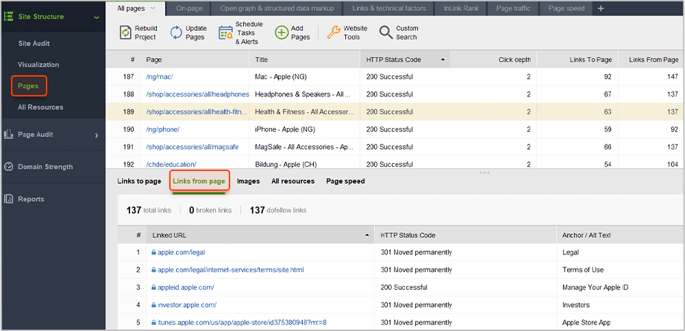 [Screenshot: Site audit report showing external links that now redirect, with original URL and redirect destination columns]