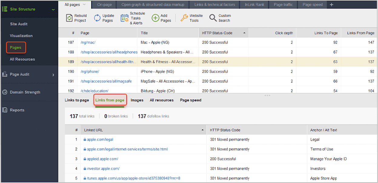 [Screenshot: Site audit report showing external links that now redirect, with original URL and redirect destination columns]