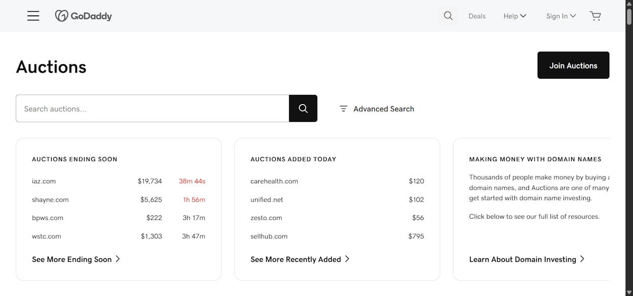[Screenshot: A domain marketplace listing showing a domain with metrics like referring domains, domain authority, and organic traffic]