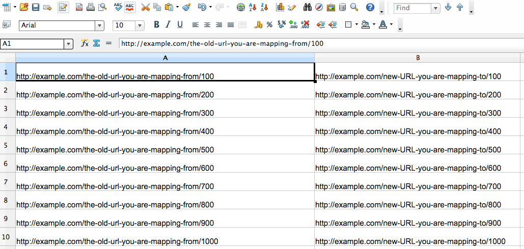[Screenshot: A spreadsheet mapping old domain URLs to new domain redirect targets, with columns for old URL, backlinks, traffic, redirect target, and action type]