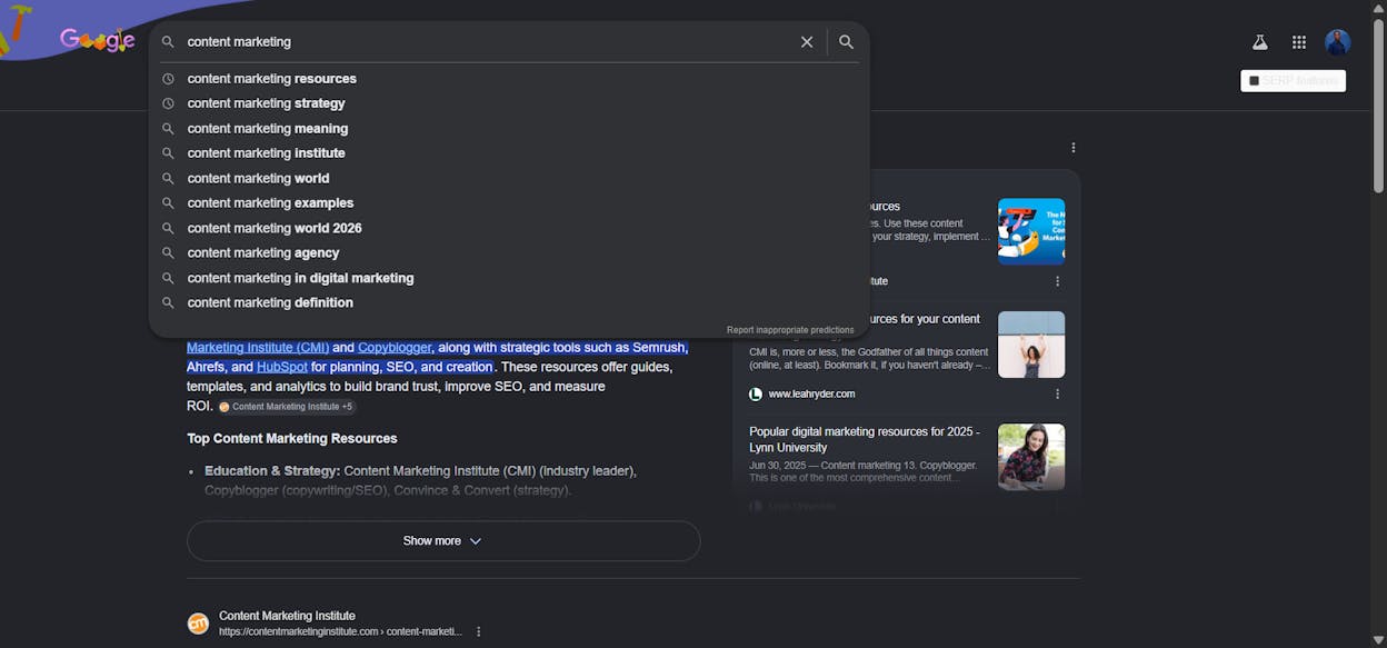 [Description of the screenshot to use: Google search bar showing the autocomplete dropdown for a seed keyword, with several long-tail suggestions visible]