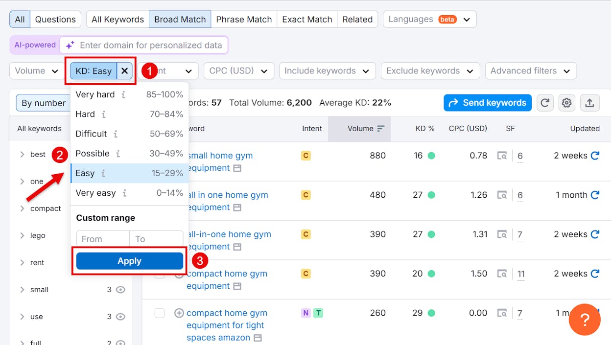 [Description of the screenshot to use: keyword research tool with filters set to KD &le; 20 and &ldquo;Lowest DR&rdquo; equal to the user&rsquo;s domain rating, showing a filtered list of qualified keywords with Traffic Potential values]