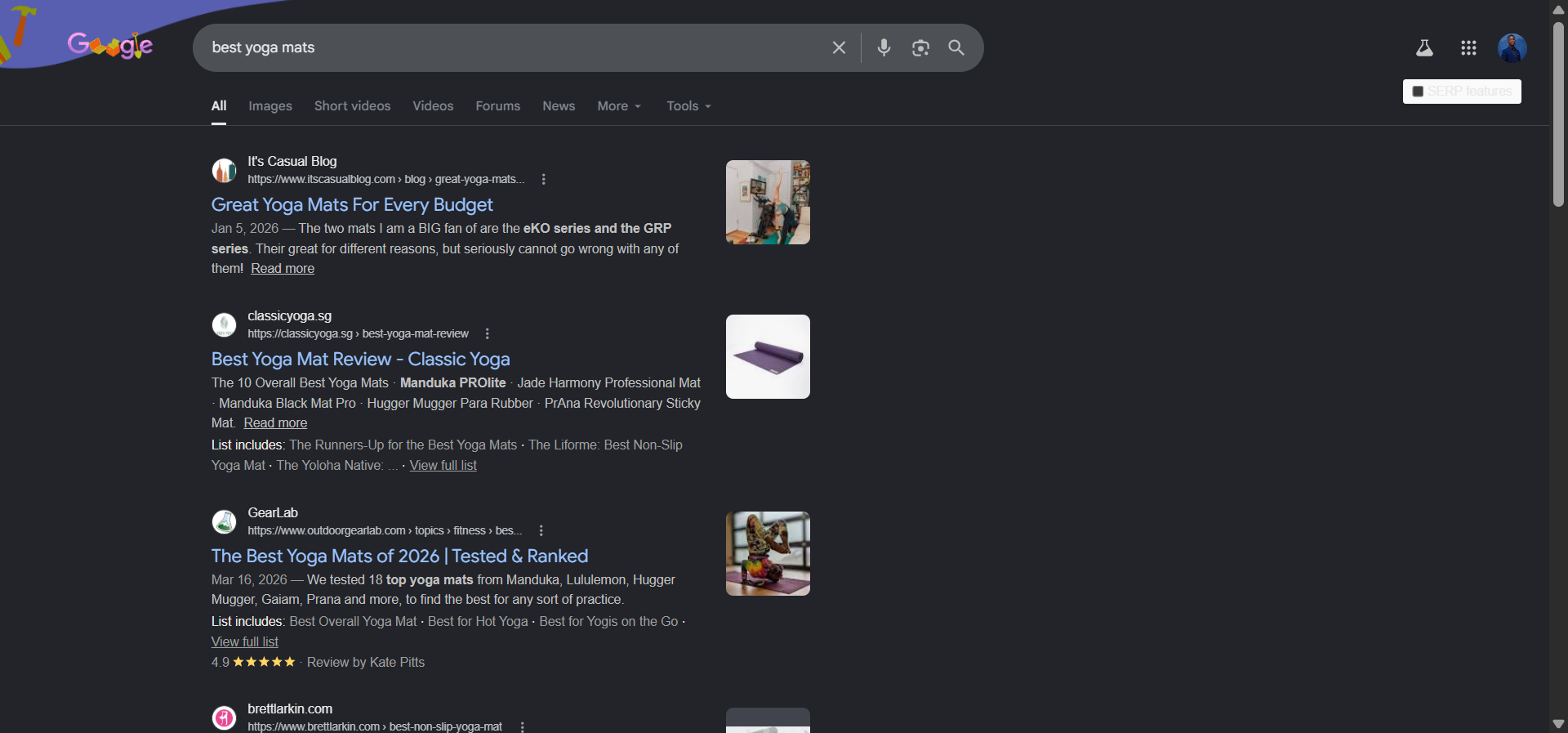 [Description of the screenshot to use: SERP for &ldquo;best yoga mats&rdquo; showing a list of comparison-style blog posts at the top, with a sidebar showing a competing product page that has many more backlinks but doesn&rsquo;t appear in the top 10]