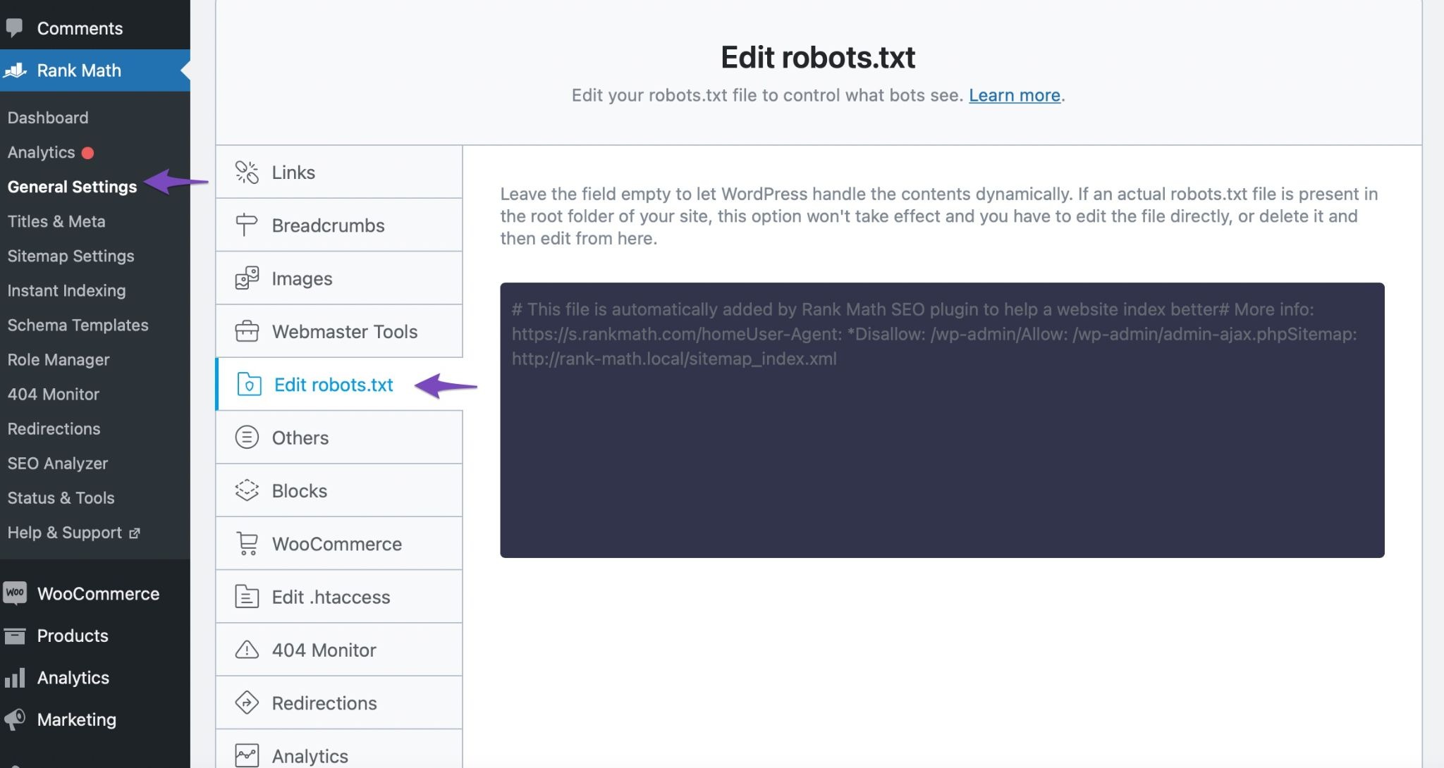 [Screenshot: WordPress admin showing the robots.txt editor inside Yoast or Rank Math]