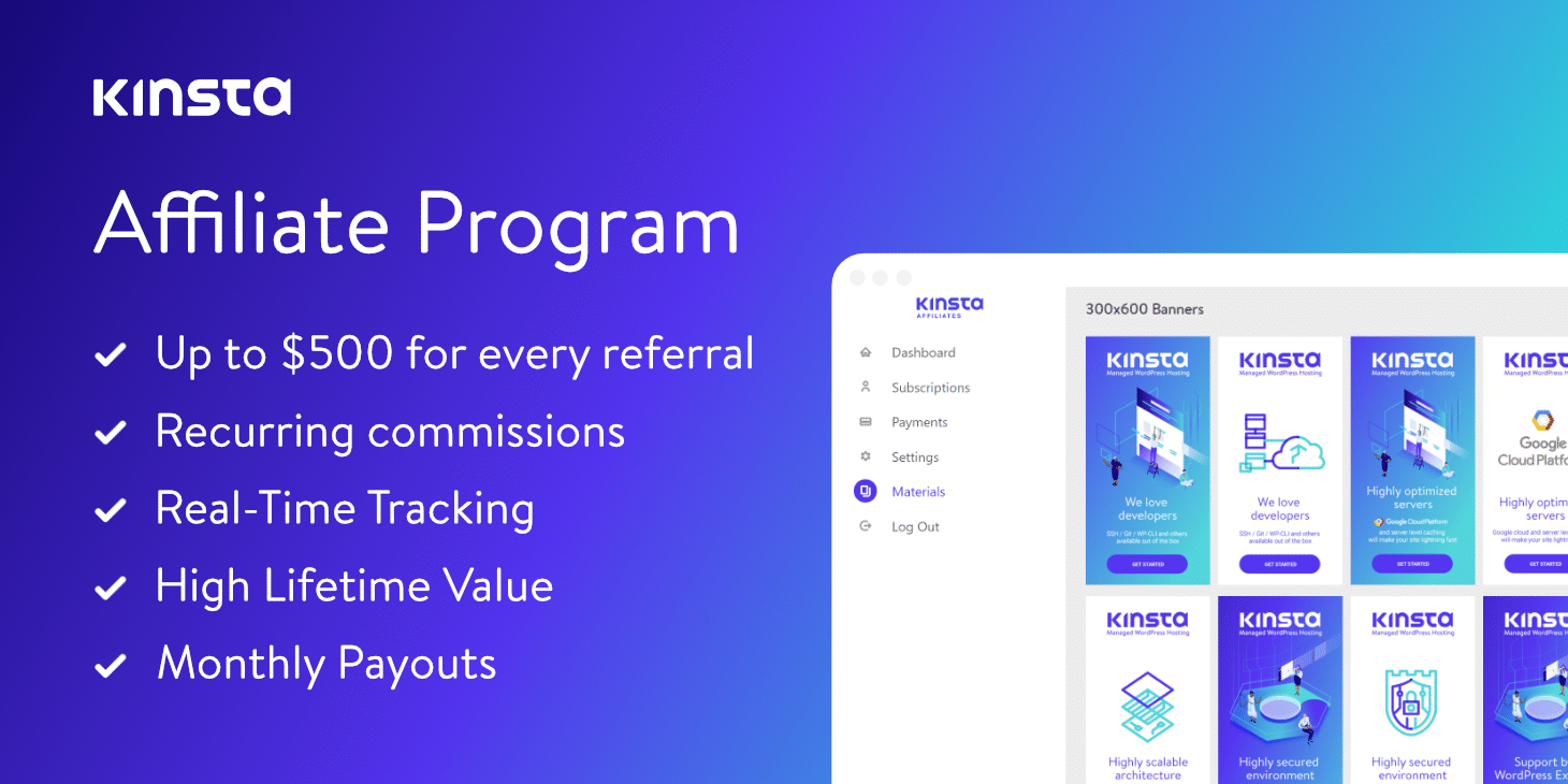 [Screenshot: Kinsta affiliate program landing page]