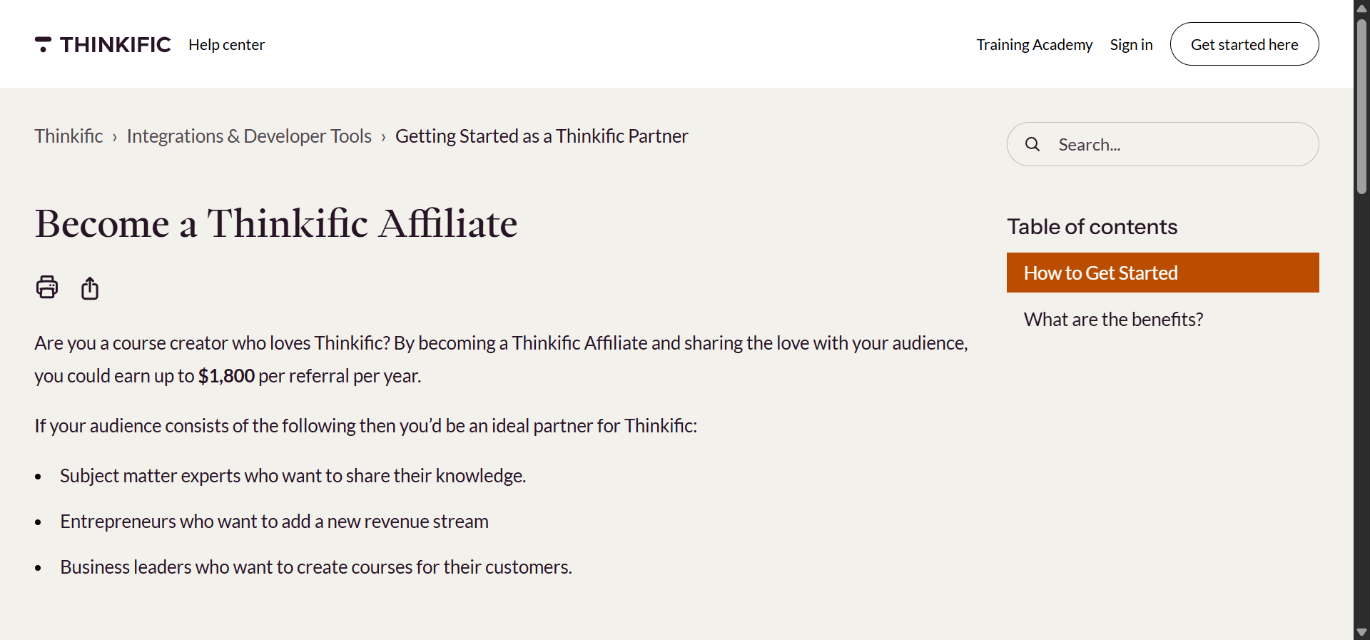 [Screenshot: Thinkific affiliate program page]