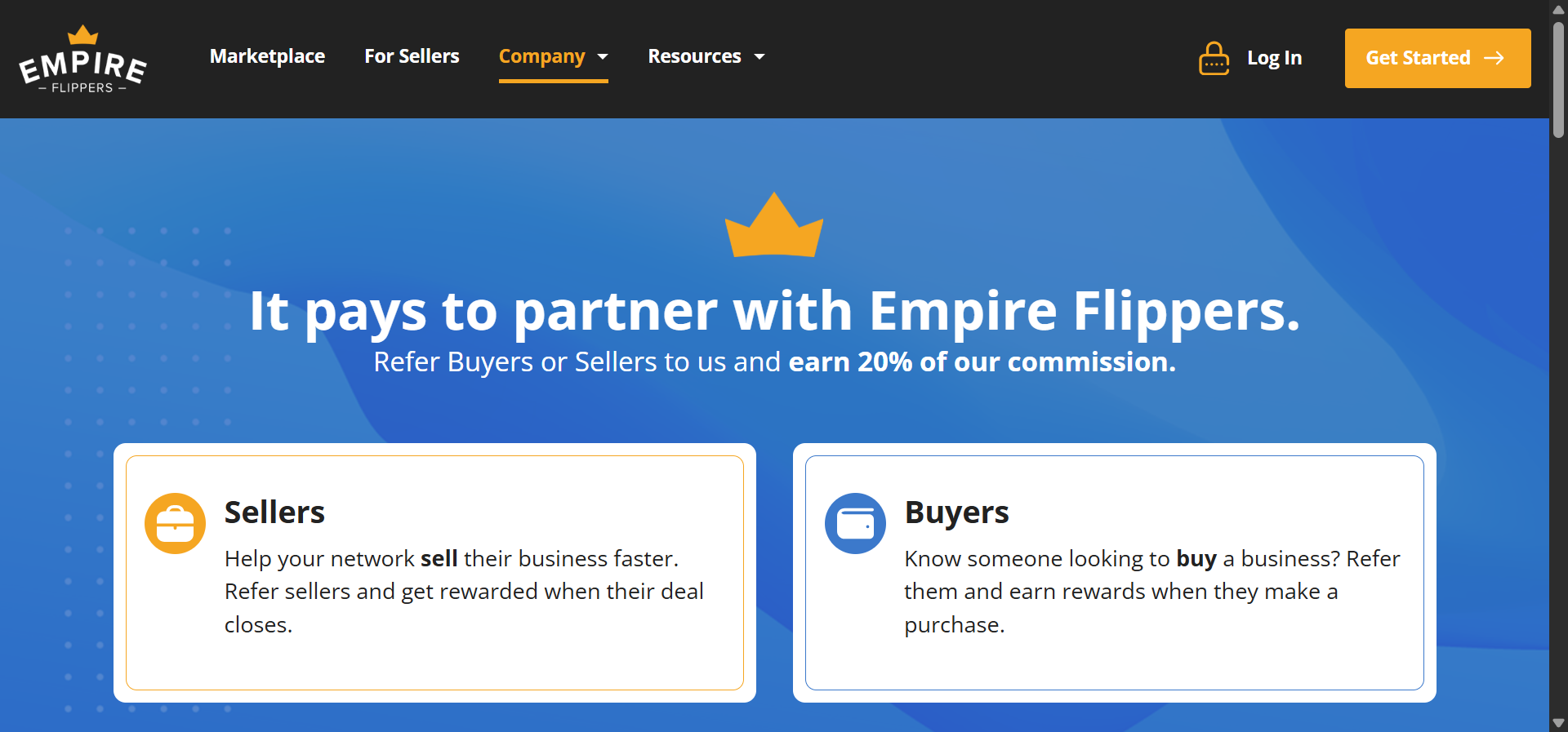 [Screenshot: Empire Flippers referral program landing page]