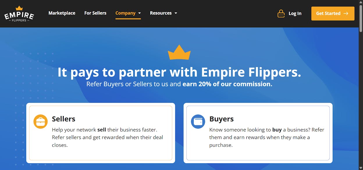 [Screenshot: Empire Flippers referral program landing page]