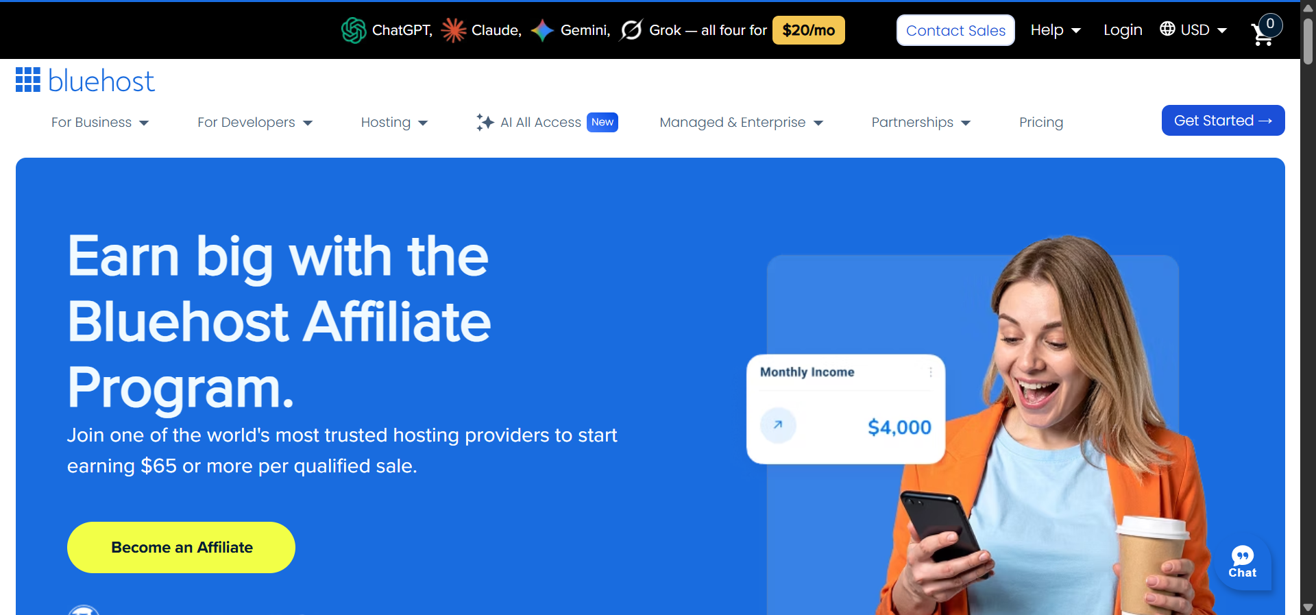 [Screenshot: Bluehost affiliate program landing page]