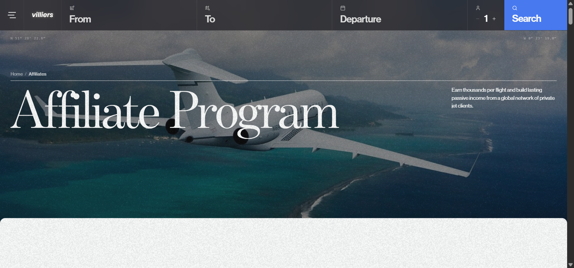 [Screenshot: Villiers Jets affiliate program landing page]