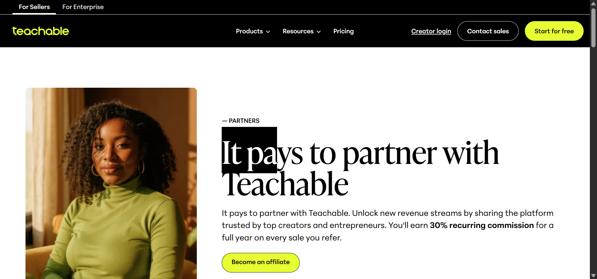 [Screenshot: Teachable partner program landing page]