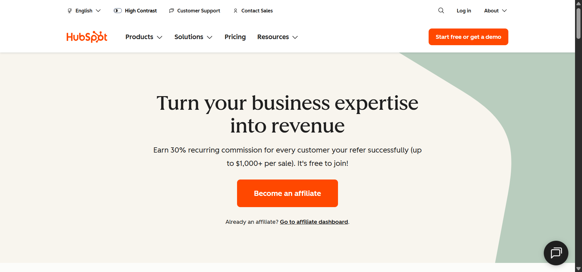 [Screenshot: HubSpot affiliate program landing page]