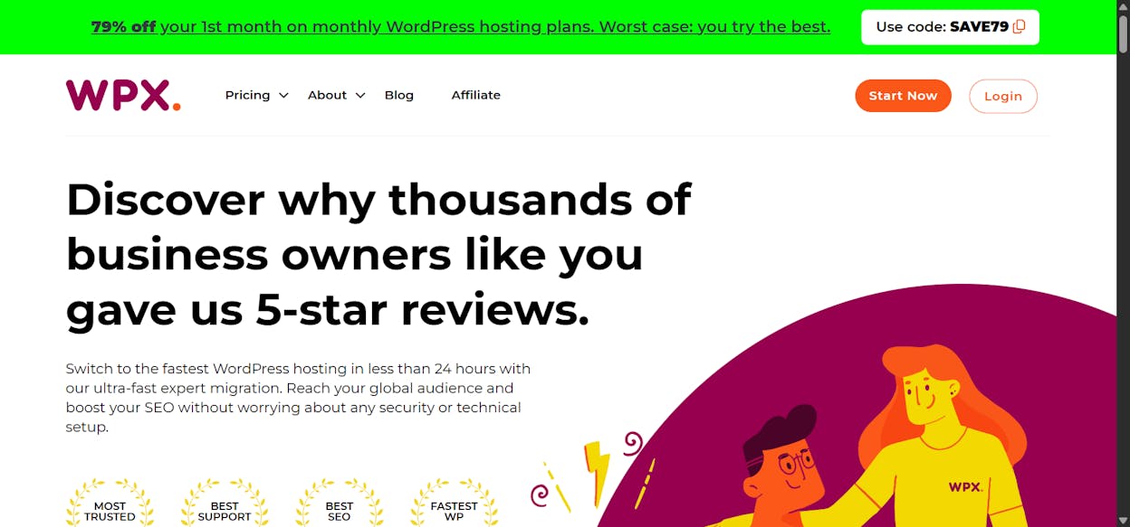 [Screenshot: WPX Hosting homepage]