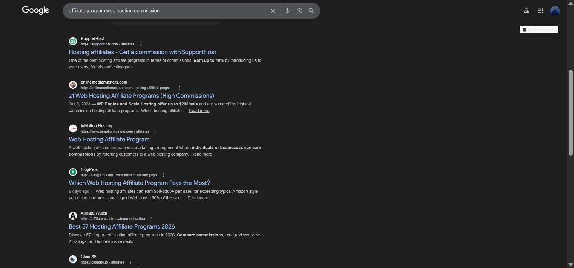 [Screenshot: Google search results page for &ldquo;affiliate program web hosting commission&rdquo; showing various program landing pages]