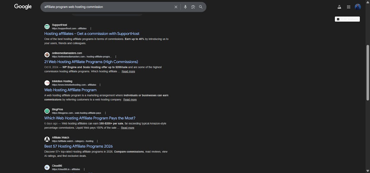 [Screenshot: Google search results page for &ldquo;affiliate program web hosting commission&rdquo; showing various program landing pages]