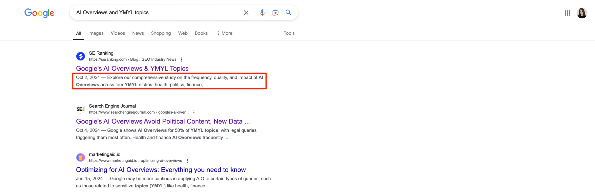 [Screenshot description: Close-up of an organic Google result showing the title tag, URL, and meta description snippet]