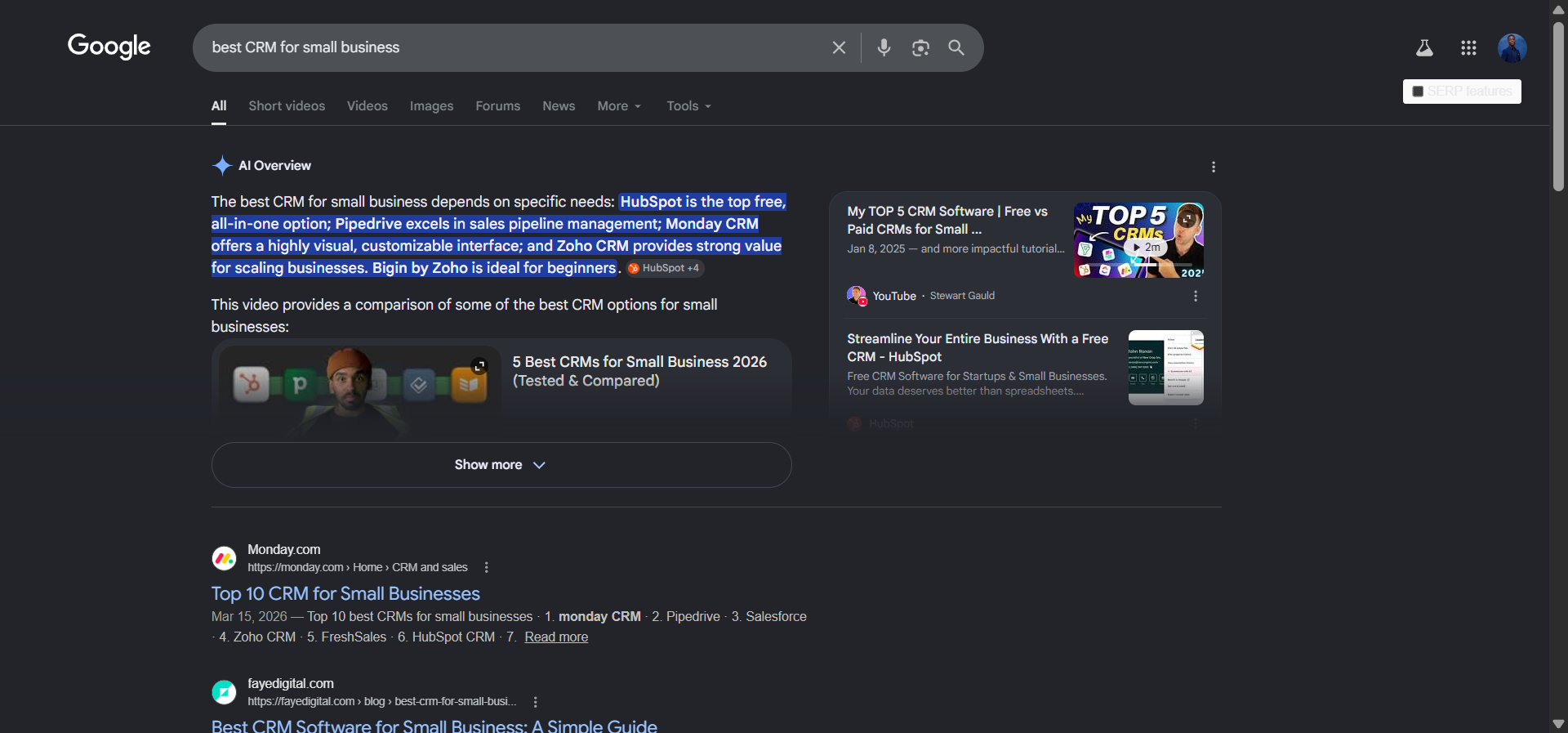 [Screenshot description: Google SERP for &ldquo;best CRM for small business&rdquo; showing an AI Overview block with a synthesized answer and source citations on the right]