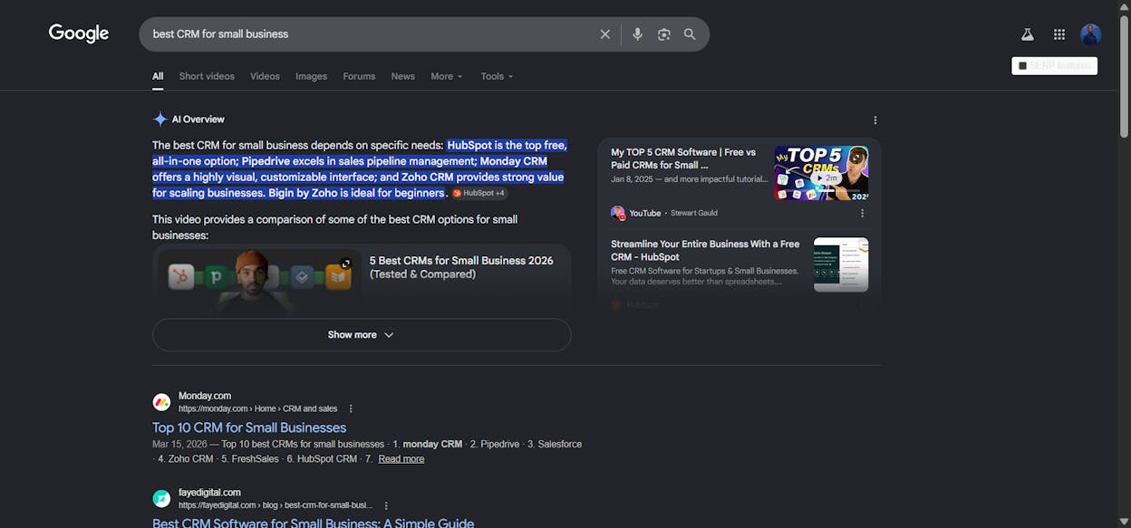 [Screenshot description: Google SERP for &ldquo;best CRM for small business&rdquo; showing an AI Overview block with a synthesized answer and source citations on the right]