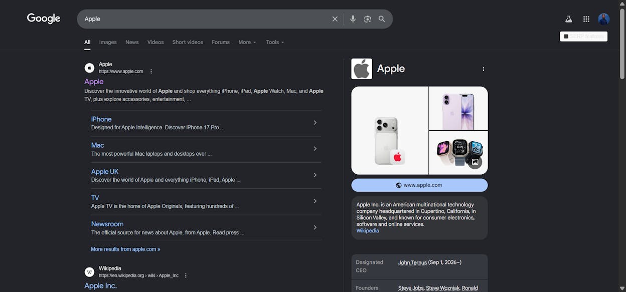 [Screenshot description: Google SERP for &ldquo;Apple&rdquo; showing a Knowledge Panel on the right side with company info, founding date, and logo]