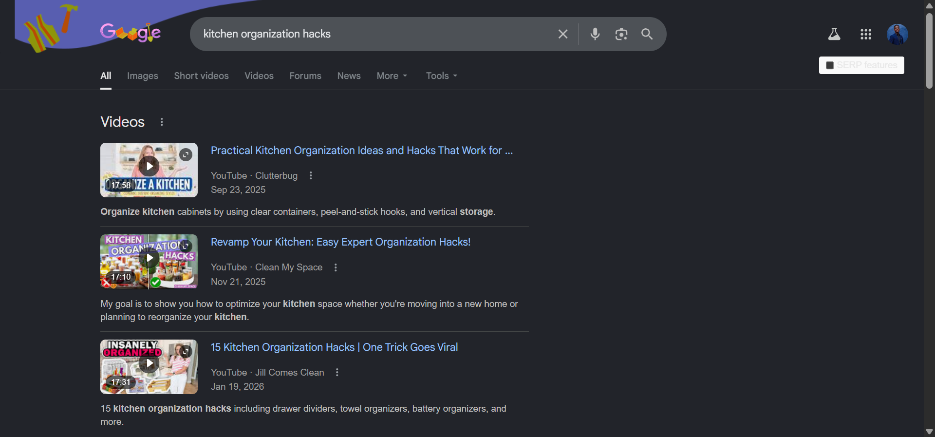 [Screenshot description: Google SERP for &ldquo;kitchen organization hacks&rdquo; showing a row of vertical short videos from TikTok and YouTube Shorts]