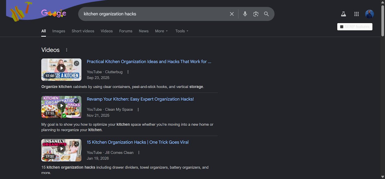 [Screenshot description: Google SERP for &ldquo;kitchen organization hacks&rdquo; showing a row of vertical short videos from TikTok and YouTube Shorts]