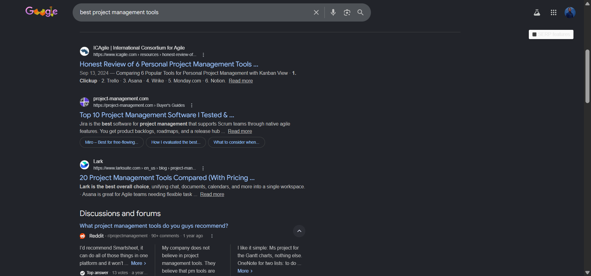 [Screenshot description: Google SERP for &ldquo;best project management tools&rdquo; with the top three results highlighted, showing they&rsquo;re all listicle blog posts with year tags]