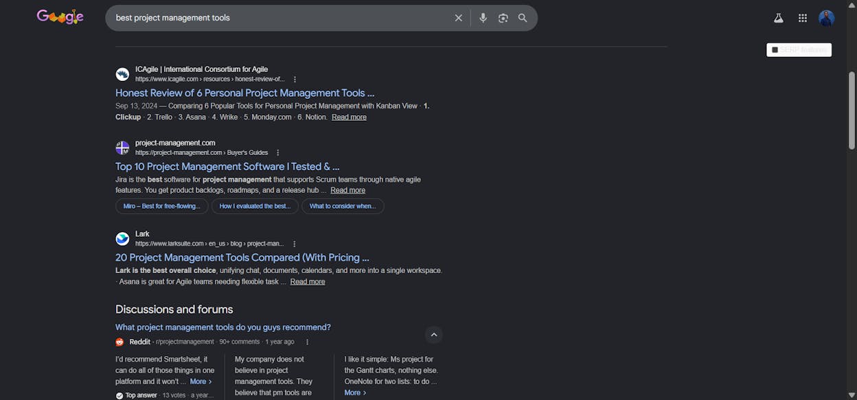 [Screenshot description: Google SERP for &ldquo;best project management tools&rdquo; with the top three results highlighted, showing they&rsquo;re all listicle blog posts with year tags]