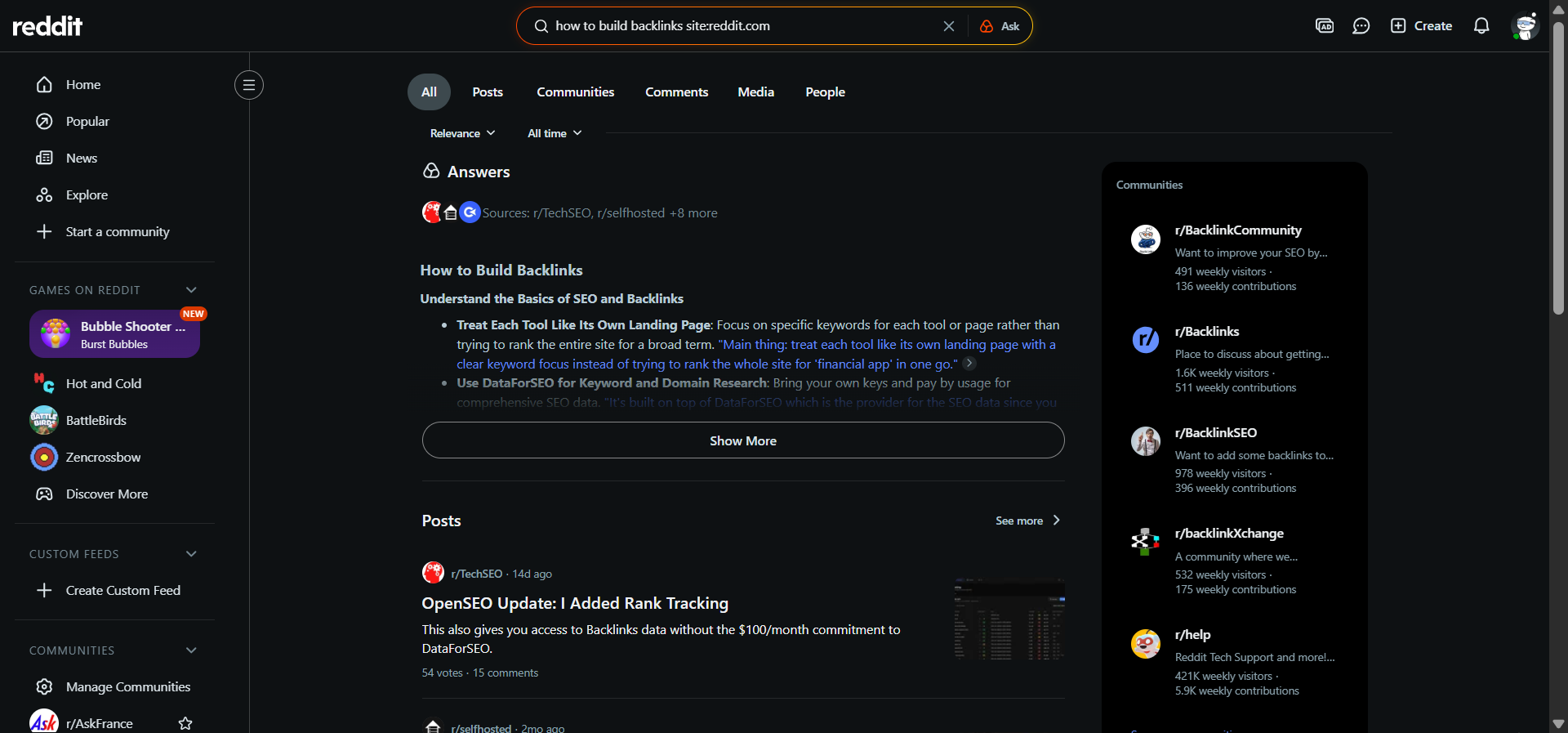 [Screenshot description: A Reddit search for &ldquo;how to build backlinks site:reddit.com&rdquo; showing a thread with 200+ comments, with the top question and answer highlighted.]