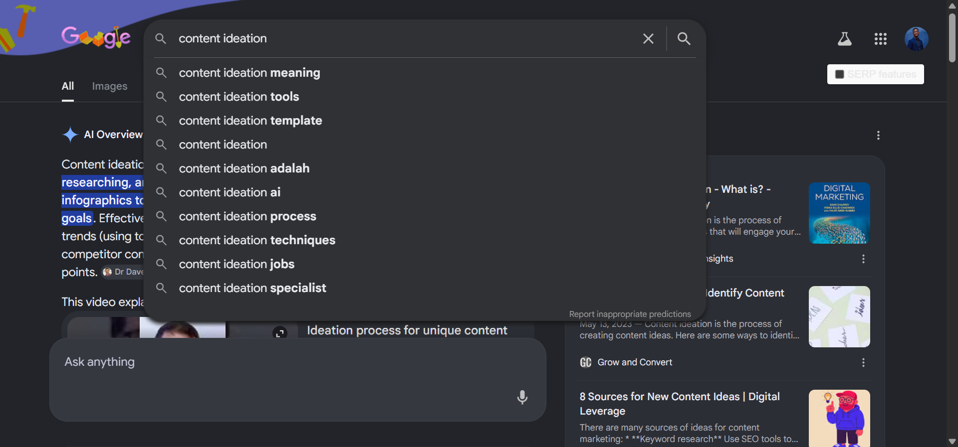 [Screenshot description: Google search results page for &ldquo;content ideation&rdquo; showing the &ldquo;People Also Ask&rdquo; box expanded with four nested questions visible, plus the autocomplete suggestions from the search bar.]