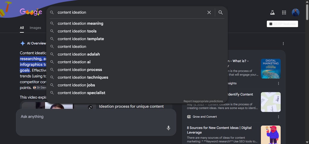 [Screenshot description: Google search results page for &ldquo;content ideation&rdquo; showing the &ldquo;People Also Ask&rdquo; box expanded with four nested questions visible, plus the autocomplete suggestions from the search bar.]