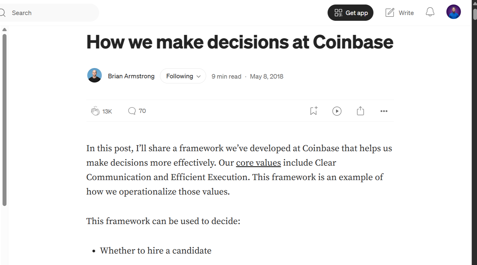 [Screenshot description: A blog post titled &ldquo;How We Make Decisions at Coinbase&rdquo; with a visible decision-making framework diagram in the body of the post.]