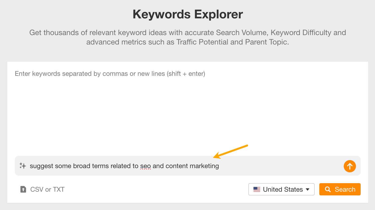 [Screenshot: Ahrefs Keywords Explorer with a seed keyword like &ldquo;running shoes&rdquo; entered, showing the Overview tab with Search volume, Keyword difficulty, Traffic potential, and the SERP overview at the bottom]