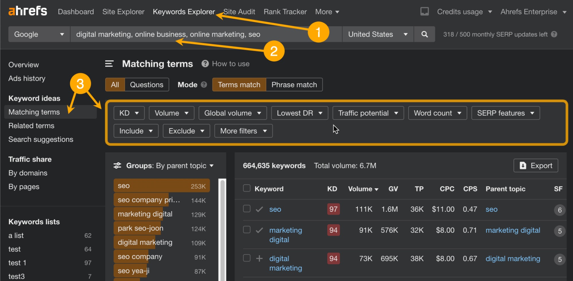 [Screenshot: Ahrefs Content Explorer with a topic query in &ldquo;In title&rdquo; mode, showing results sorted by referring domains with filters for DR, traffic, language, and date]
