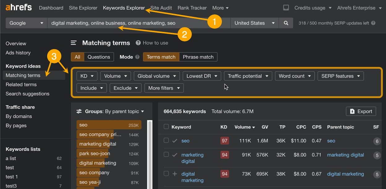 [Screenshot: Ahrefs Content Explorer with a topic query in &ldquo;In title&rdquo; mode, showing results sorted by referring domains with filters for DR, traffic, language, and date]