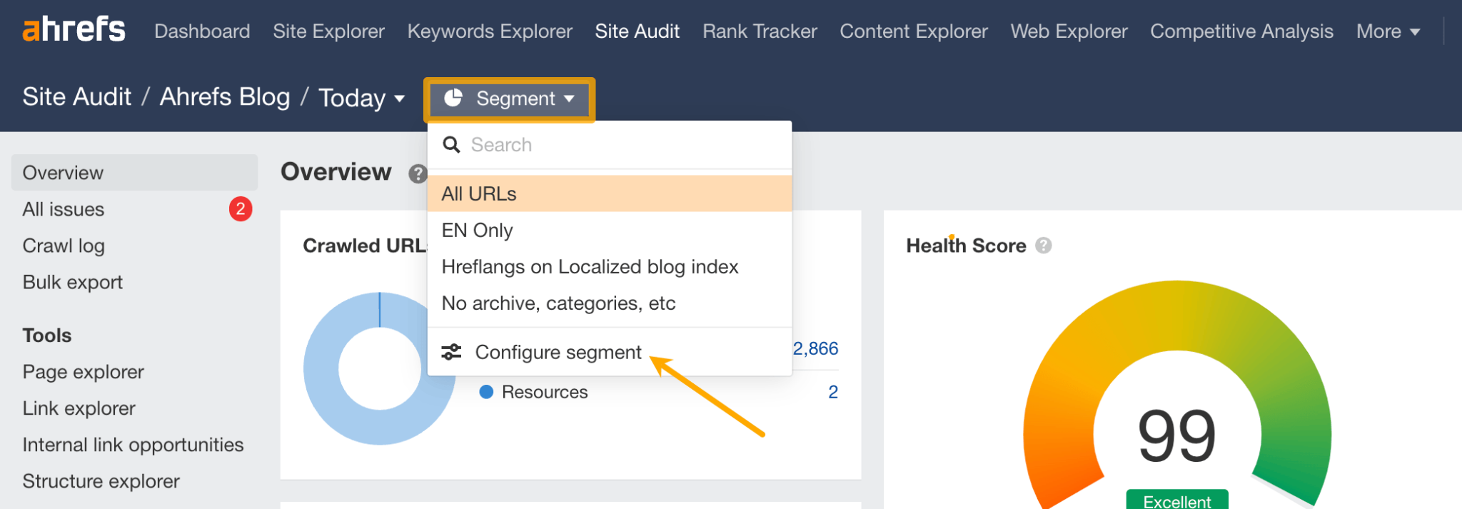 [Screenshot: Ahrefs Site Audit overview dashboard showing Health Score, total errors, warnings, and notices alongside the top issues list]
