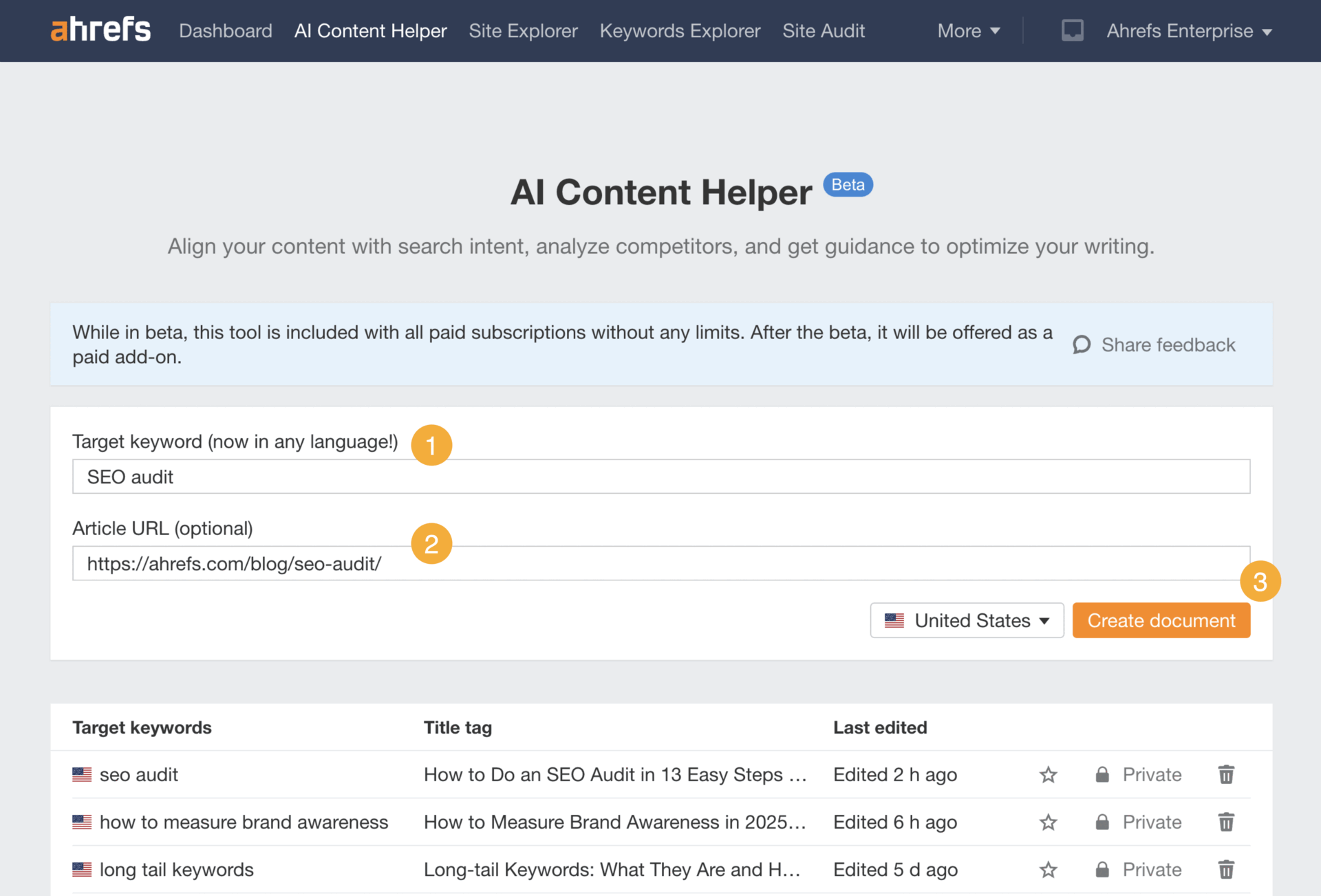 [Screenshot: Ahrefs AI Content Helper interface scoring a draft against top-ranking pages, with a Topics panel listing missing entities and a content score in the corner]