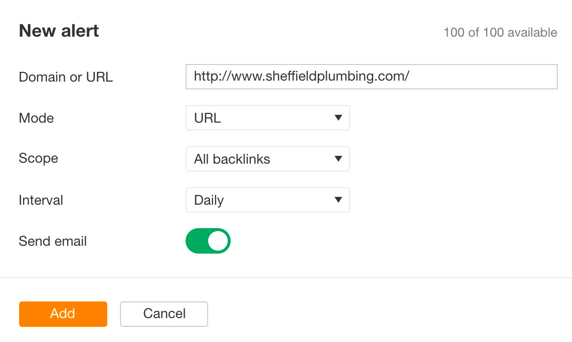 [Screenshot: a backlink alerts setup screen showing email frequency options and a domain input field]