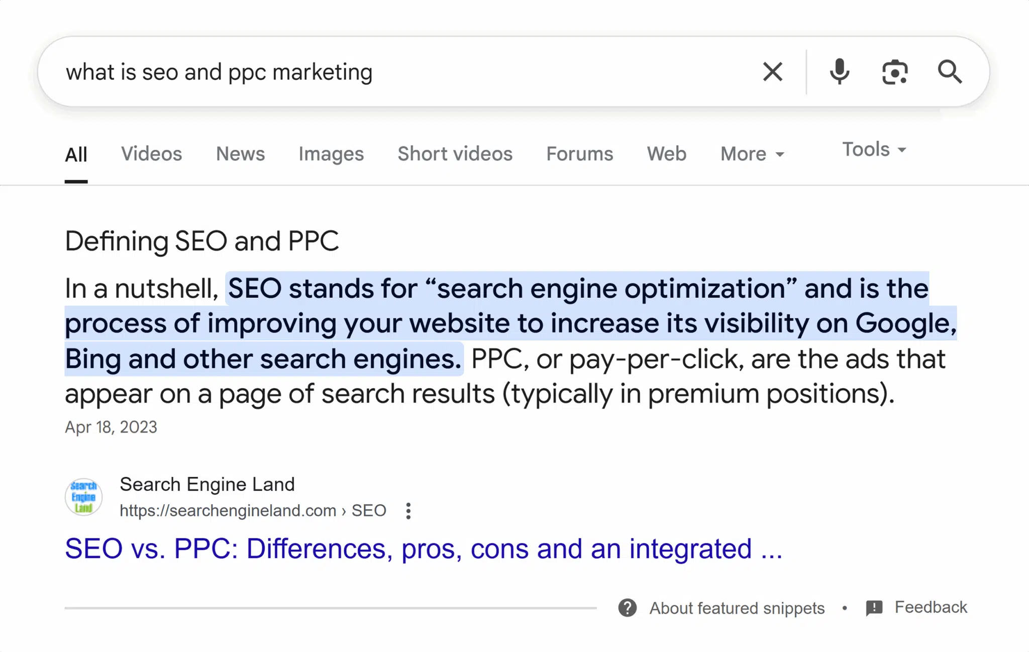 [Screenshot: a Google SERP showing the same exact paragraph appearing as a featured result on two different domains]