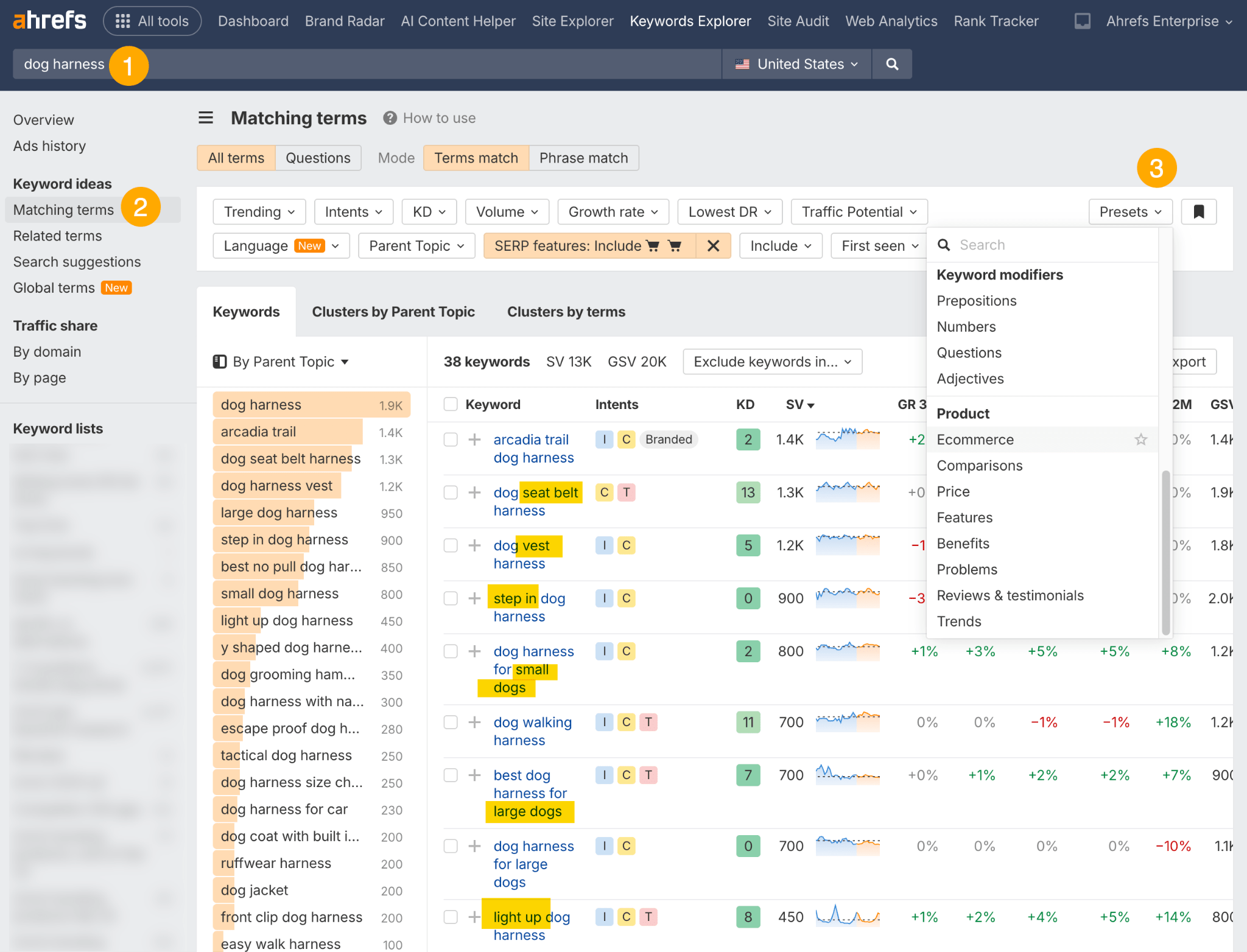 [Screenshot: Ahrefs Keywords Explorer Matching terms report for the seed &ldquo;content marketing&rdquo;, with filters set to KD under 30 and TP over 200]