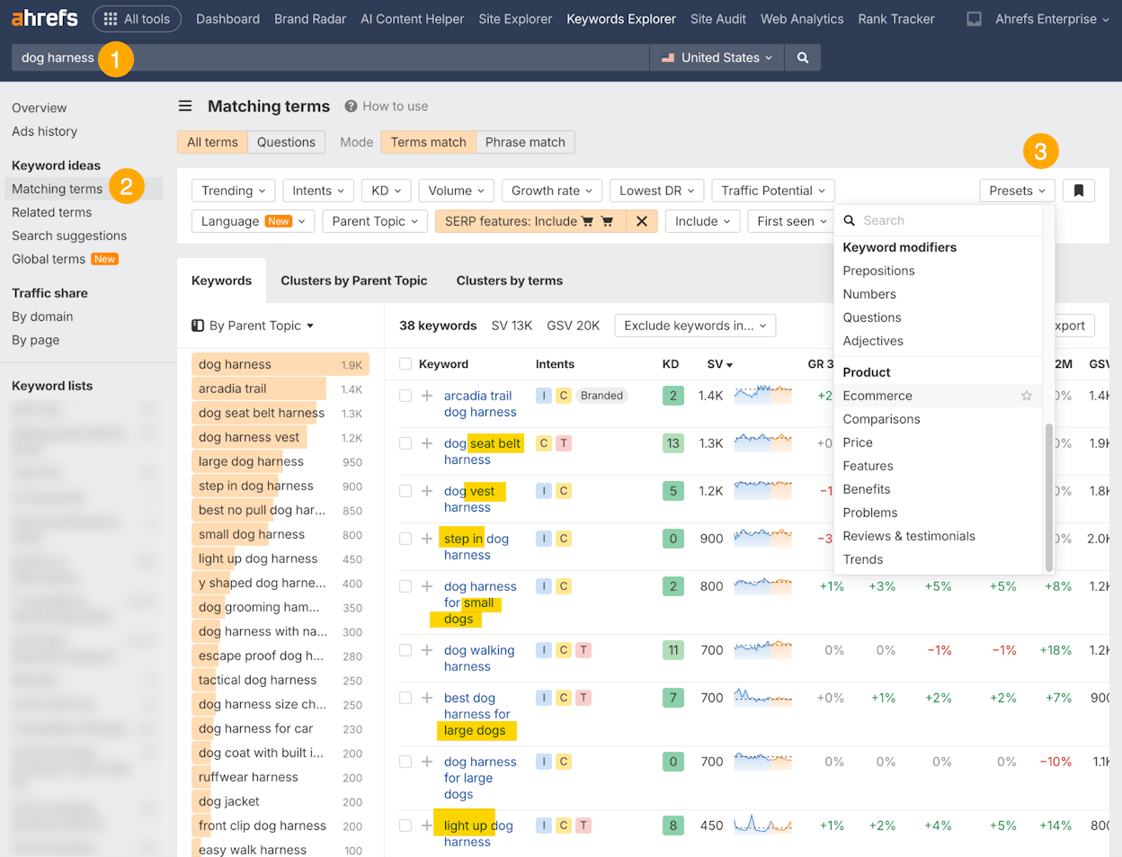 [Screenshot: Ahrefs Keywords Explorer Matching terms report for the seed &ldquo;content marketing&rdquo;, with filters set to KD under 30 and TP over 200]
