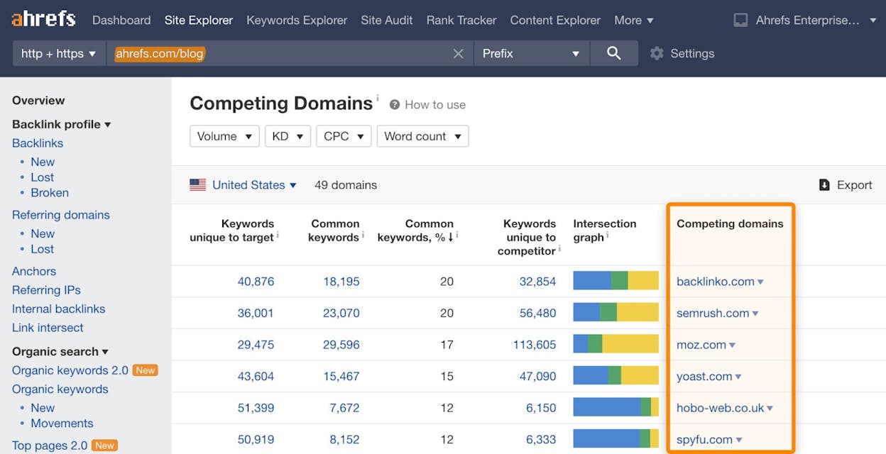 [Screenshot: Competing Domains report showing five top competitors ranked by overlapping keywords]