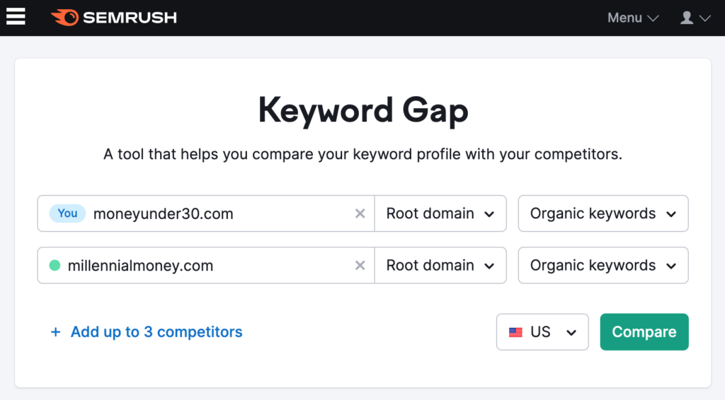 [Screenshot: Content Gap report results with three competitor domains entered, branded keywords filtered out]