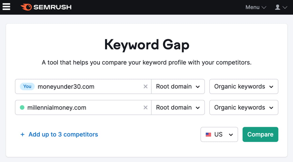 [Screenshot: Content Gap report results with three competitor domains entered, branded keywords filtered out]