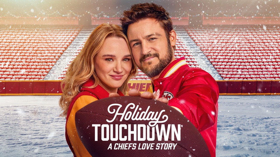[Screenshot: Promotional image for Holiday Touchdown: A Chiefs Love Story showing the lead characters in NFL-themed holiday setting.]