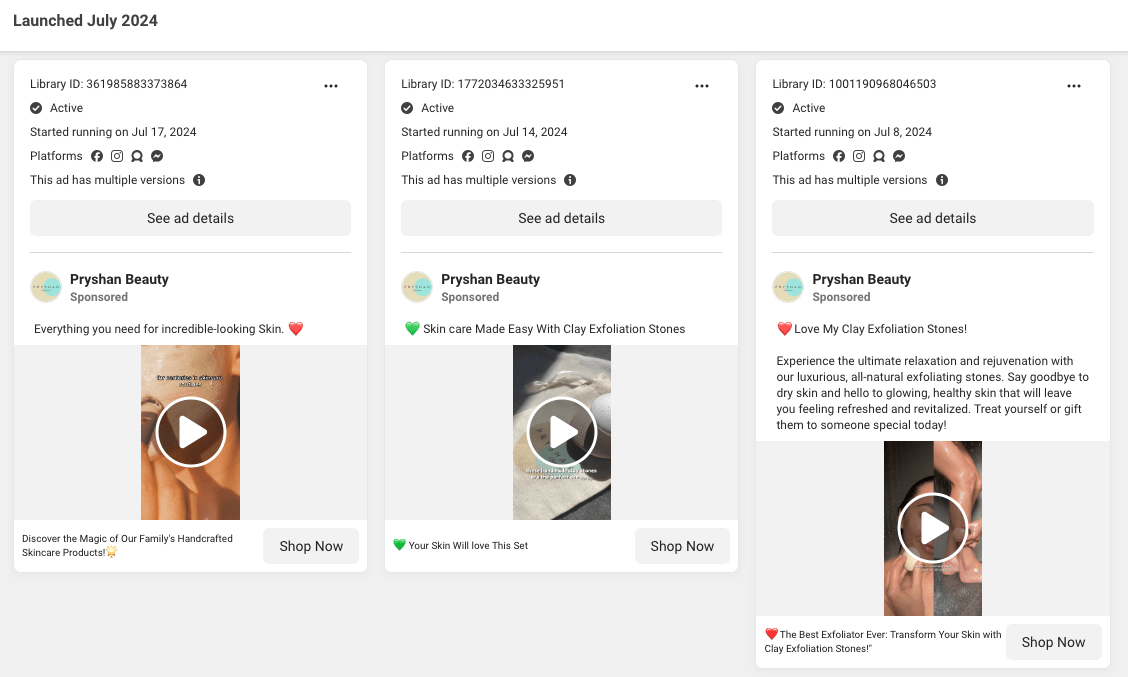 [Screenshot of Pryshan&rsquo;s Meta Ads library showing multiple ad creatives for their clay exfoliating stone product]