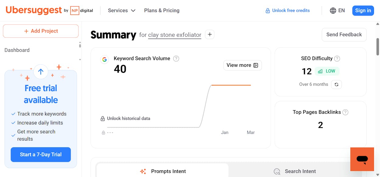 [Screenshot of keyword research tool showing US search volume for &ldquo;clay stone exfoliator&rdquo; keywords at 0-10 searches]