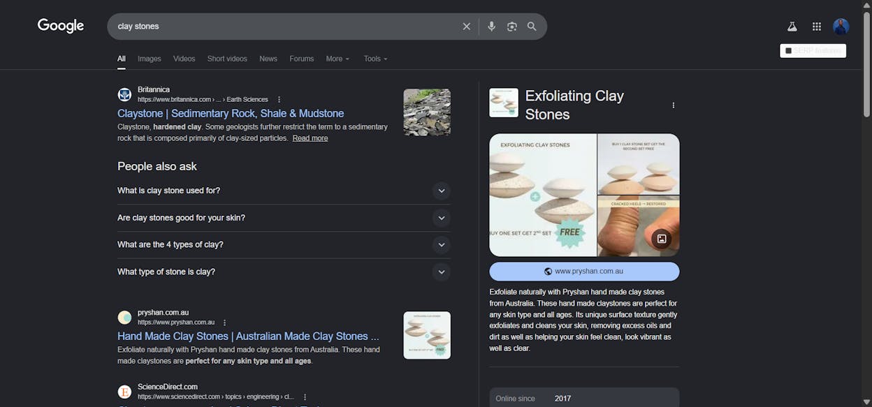 [Screenshot of Google SERP for &ldquo;clay stones&rdquo; showing gardening products like landscaping stones, with Pryshan&rsquo;s shop listing appearing out of context among them]