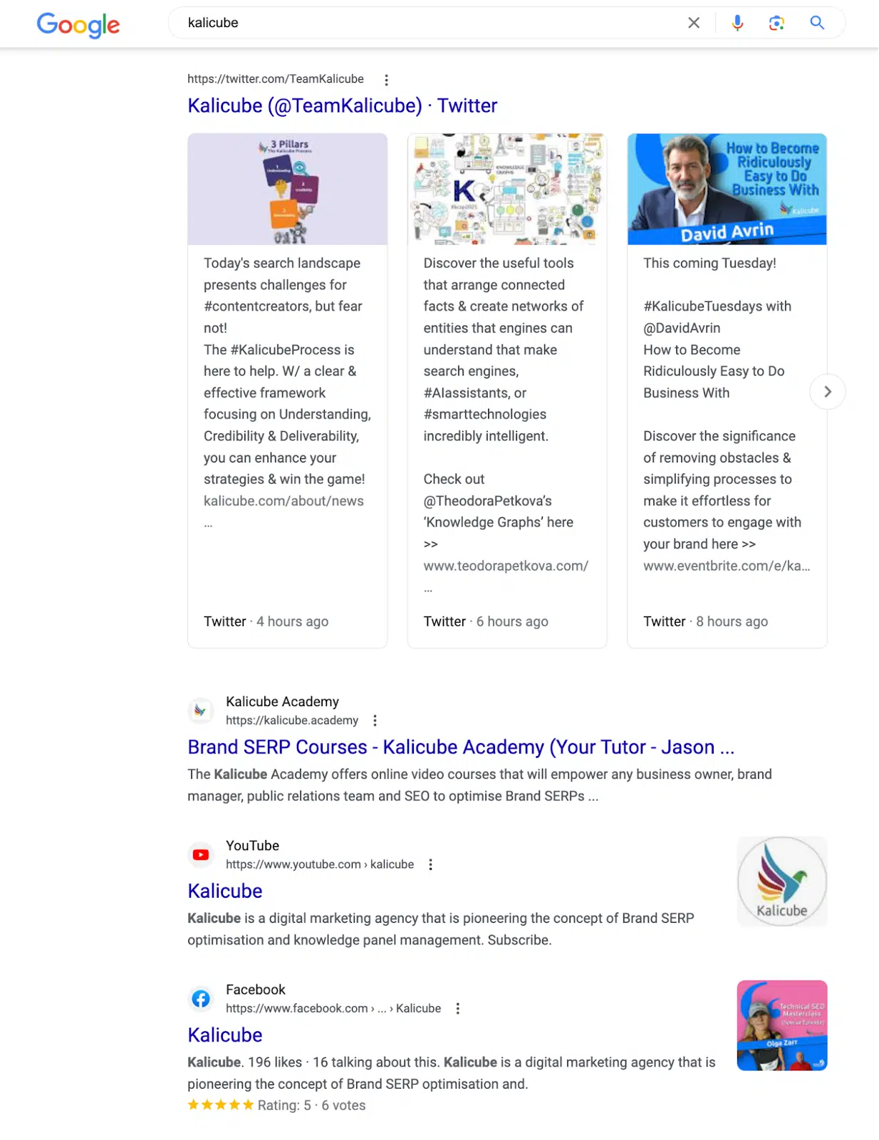 [Screenshot of a branded SERP where one company dominates all organic positions, knowledge panel, and sitelinks]