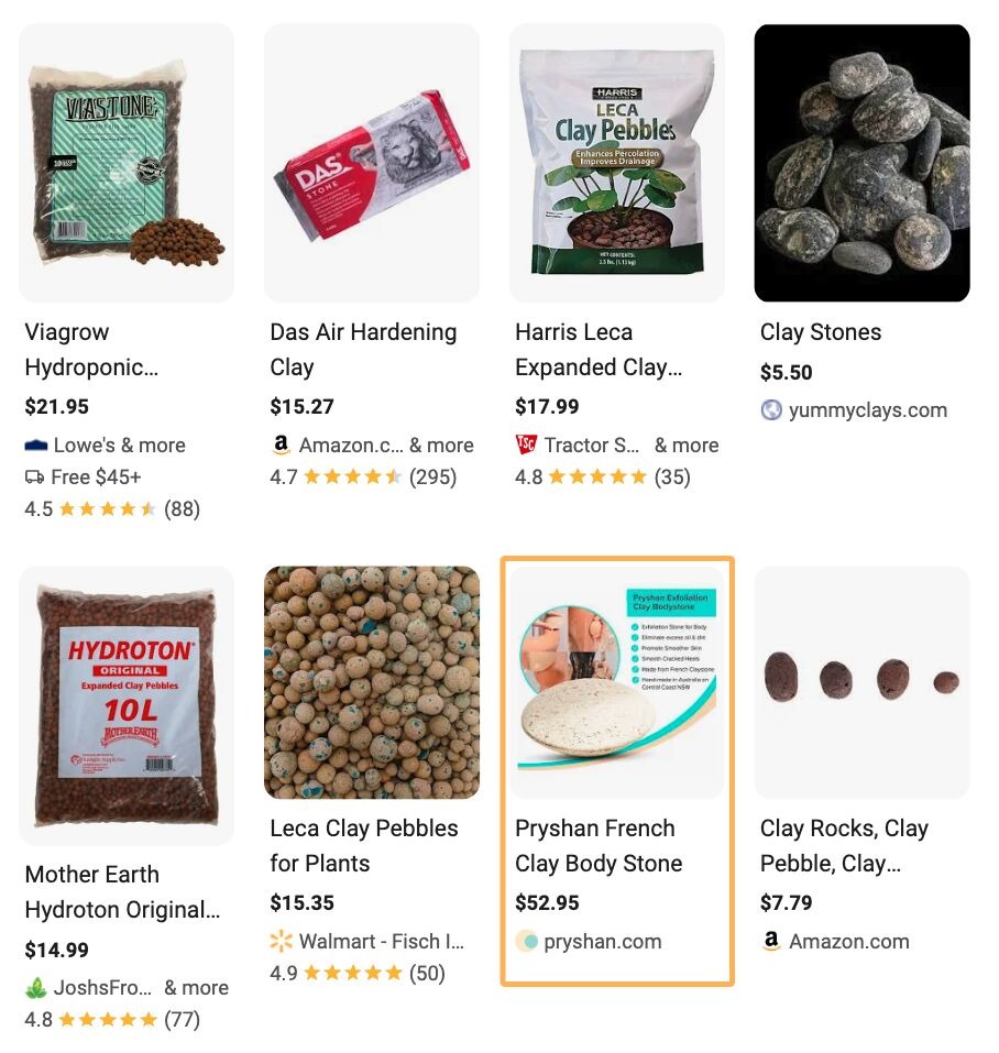[Screenshot of Google sponsored product carousel showing competitor clay stone exfoliator products appearing above organic results]